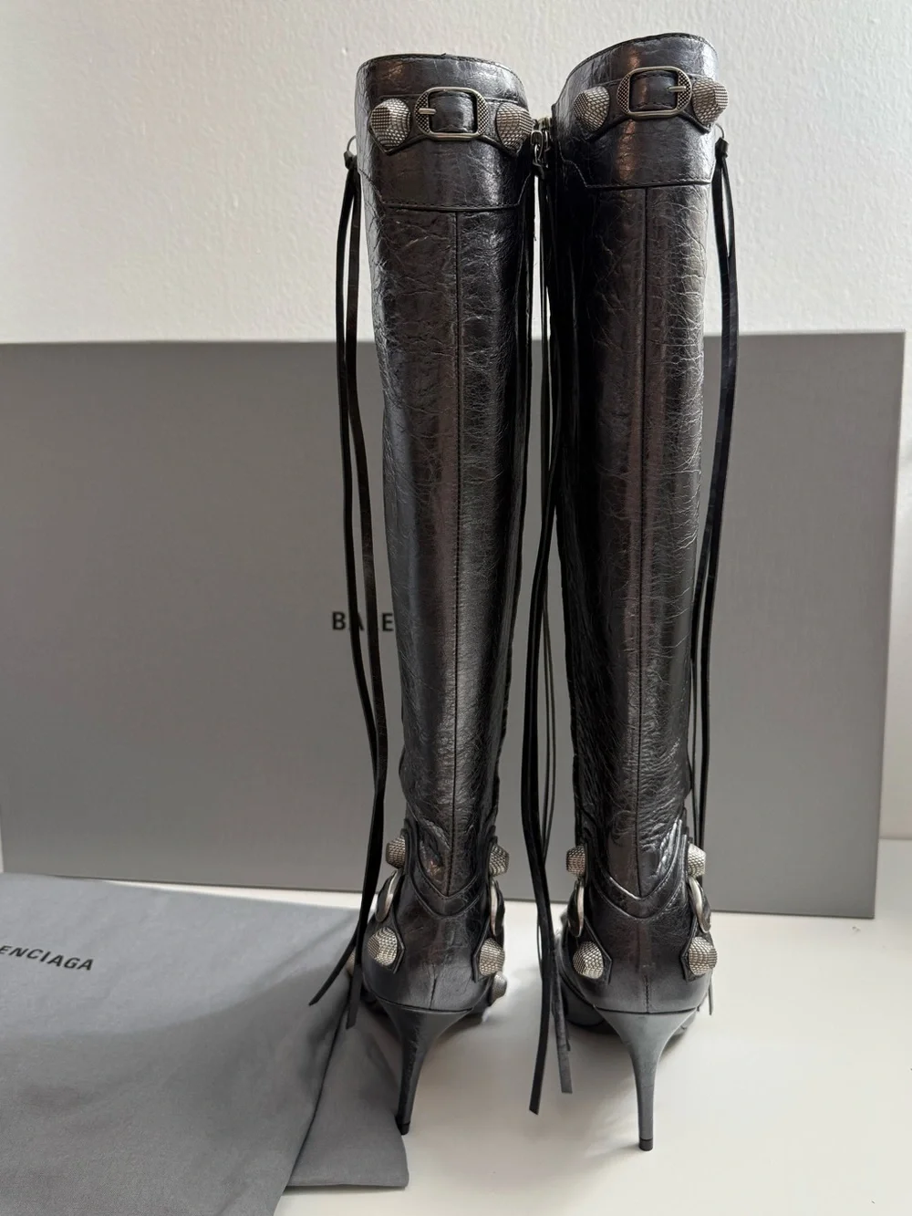 BALENCIAGA Le Cagole studded crinkled-leather knee boots